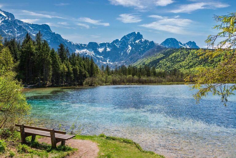 mountains, lake, bench